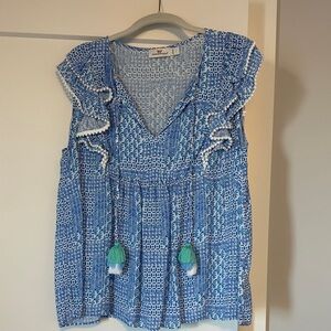 Vineyard Vines Ruffle Sleeve Swing Top with a patchwork pattern and tassel detai